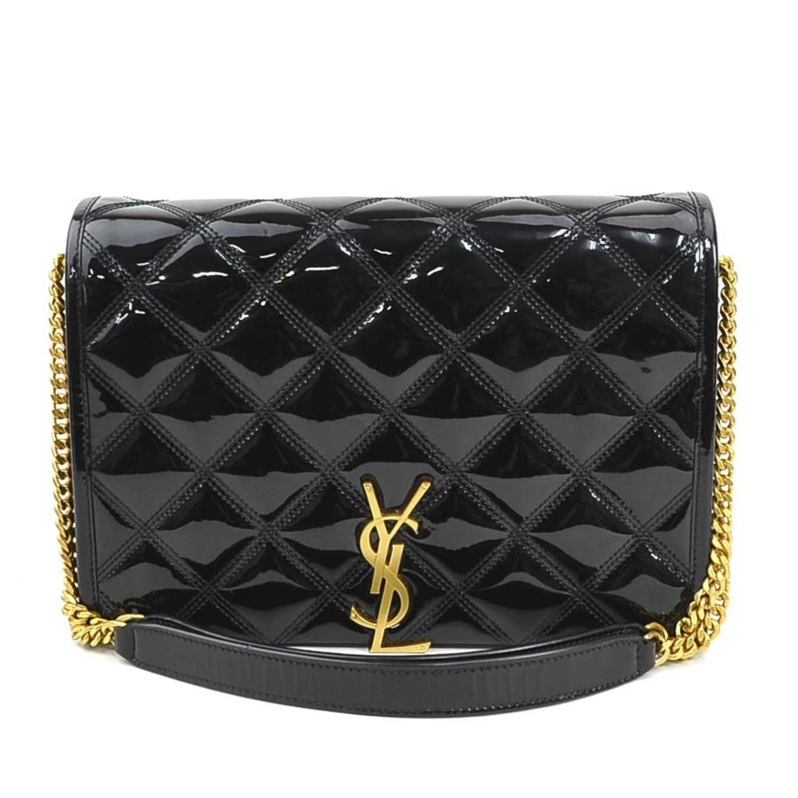 Saint Laurent Shoulder Bag Patent Leather: Saint Laurent Shoulder Bag Patent Leather Patent leather shines in sleek black, defining the Saint Laurent shoulder bag's sophisticated silhouette. This Italian-made bag boasts a compact 17.5cm x