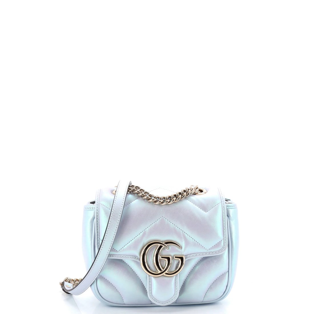 Chevron Iridescent Leather Mini Flap Bag Marmont Square Gucci GG: Chevron Iridescent Leather Mini Flap Bag Marmont Square Gucci GG Gucci GG Marmont Square Flap Bag Chevron Iridescent Leather Mini is a stunning, metallic, multicolor mini shoulder bag featuring a