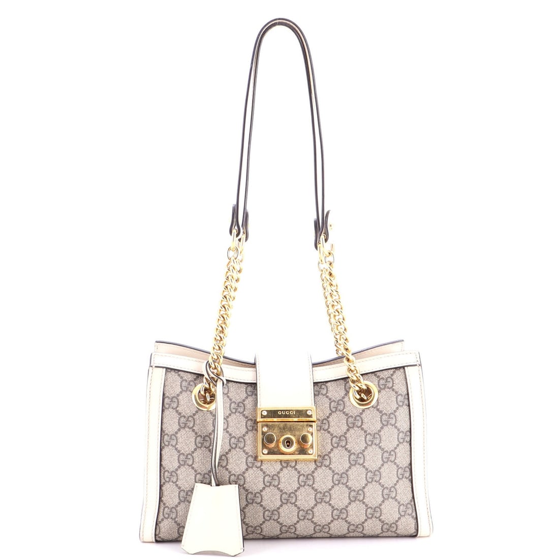 Gucci small GG canvas coated leather tote padlock chain: Gucci small GG canvas coated leather tote padlock chain Small Gucci GG Canvas Coated Leather Tote Locks with Gold Padlock Chain. This Gucci small GG canvas coated leather tote features a gold padlock