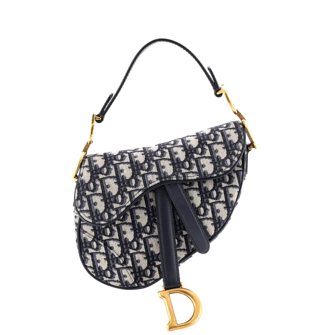Canvas Oblique Christian Dior Saddle Mini: Canvas Oblique Christian Dior Saddle Mini Canvas Oblique Christian Dior Saddle Mini. This mini shoulder bag features a striking oblique design in blue canvas, with a neutral interior and aged gold