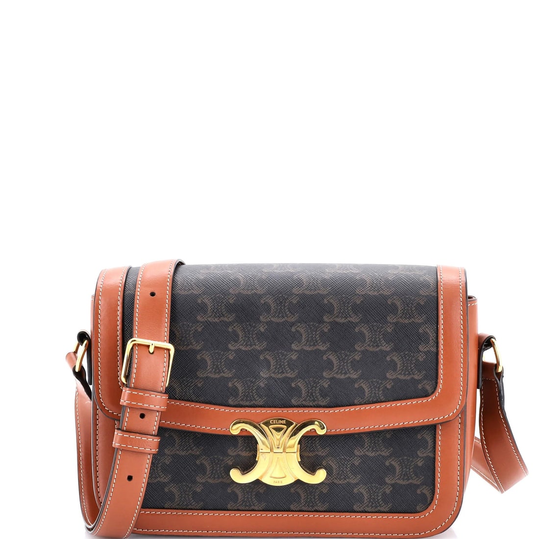 Triomphe Celine Coated Canvas Medium Shoulder Bag: Triomphe Celine Coated Canvas Medium Shoulder Bag The Triomphe Celine Coated Canvas Medium Shoulder Bag boasts a rich, brown canvas exterior with a subtle sheen, complemented by supple leather interio