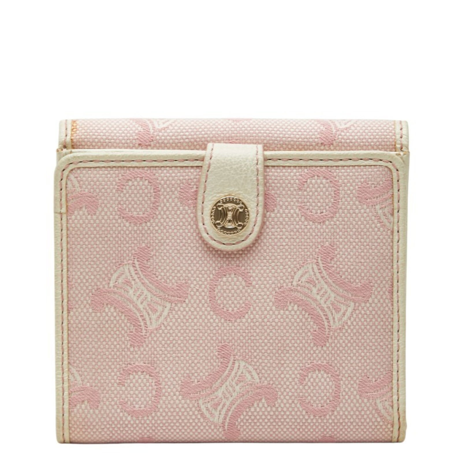 Celine Wallet (Bi-Fold) Canvas Leather: Celine Wallet (Bi-Fold) Canvas Leather Canvas and leather come together in this stylish bi-fold wallet from Celine, featuring a soft pink and white color combination. The compact 10.5cm x 11.5cm