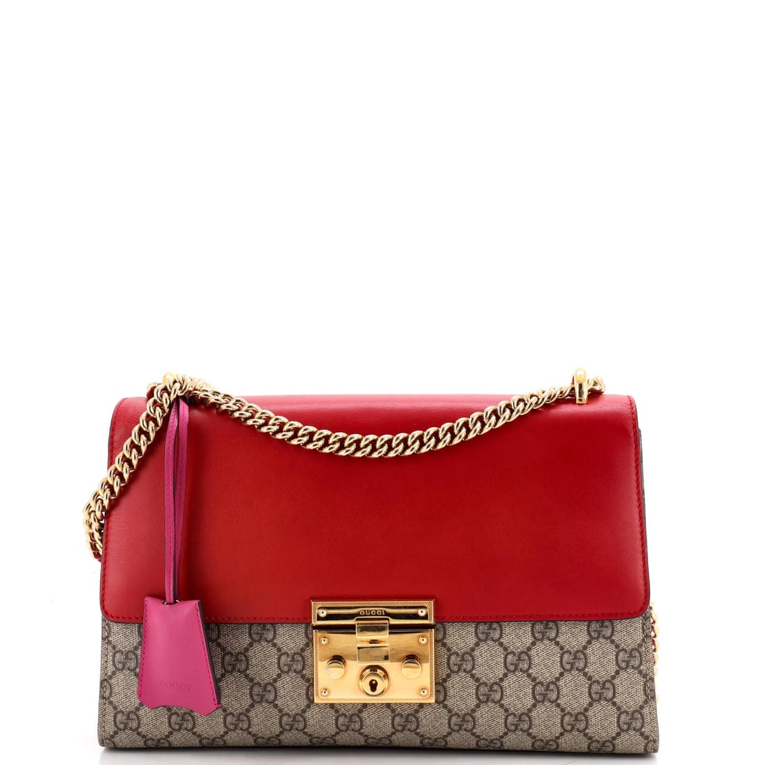 Gucci Medium Bag Coated Canvas Leather Padlock Shoulder GG: Gucci Medium Bag Coated Canvas Leather Padlock Shoulder GG The Gucci Medium Bag Coated Canvas Leather Padlock Shoulder GG features a striking red exterior with canvas coated leather construction,