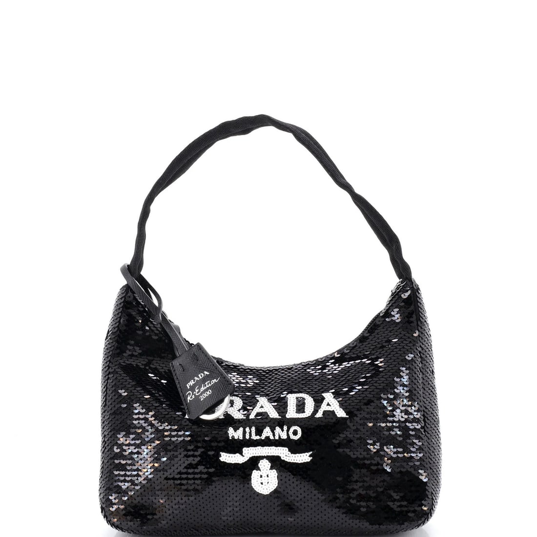 Mini Sequins Hobo Re Edition Prada 2000: Mini Sequins Hobo Re Edition Prada 2000 Mini Sequins Hobo Re Edition Prada 2000 in Black Sequins, featuring a sequin exterior and silver hardware, measures 6.5" drop, 6" height, 9" width, and 2"
