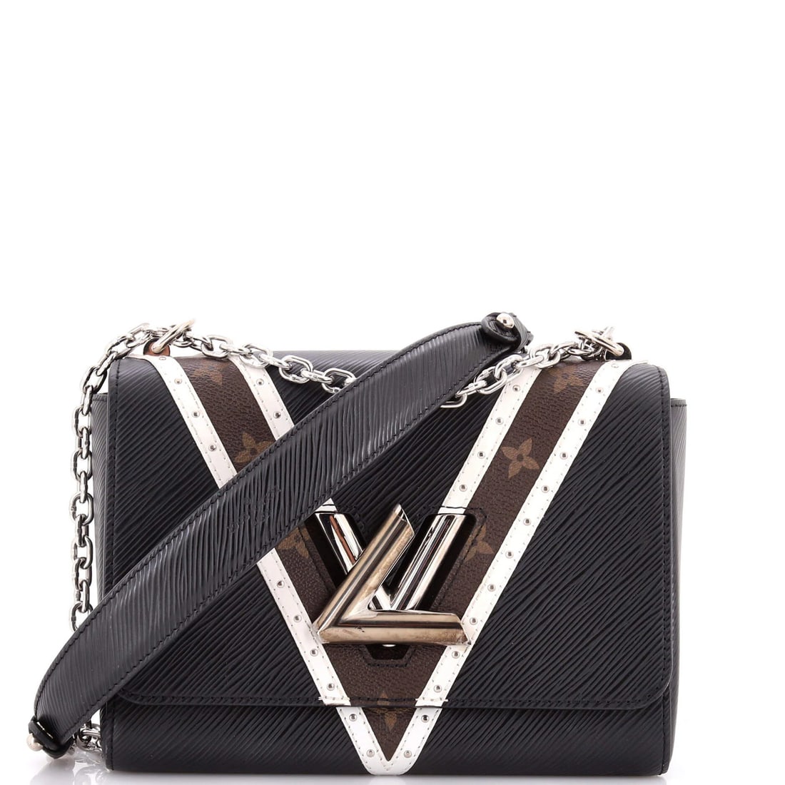 Twist Handbag Epi Leather Monogram Canvas Studded: Twist Handbag Epi Leather Monogram Canvas Studded Black Louis Vuitton Twist Handbag Epi Leather Monogram Canvas Studded features a classic cross body design with a 12" handle drop and 21" strap drop.