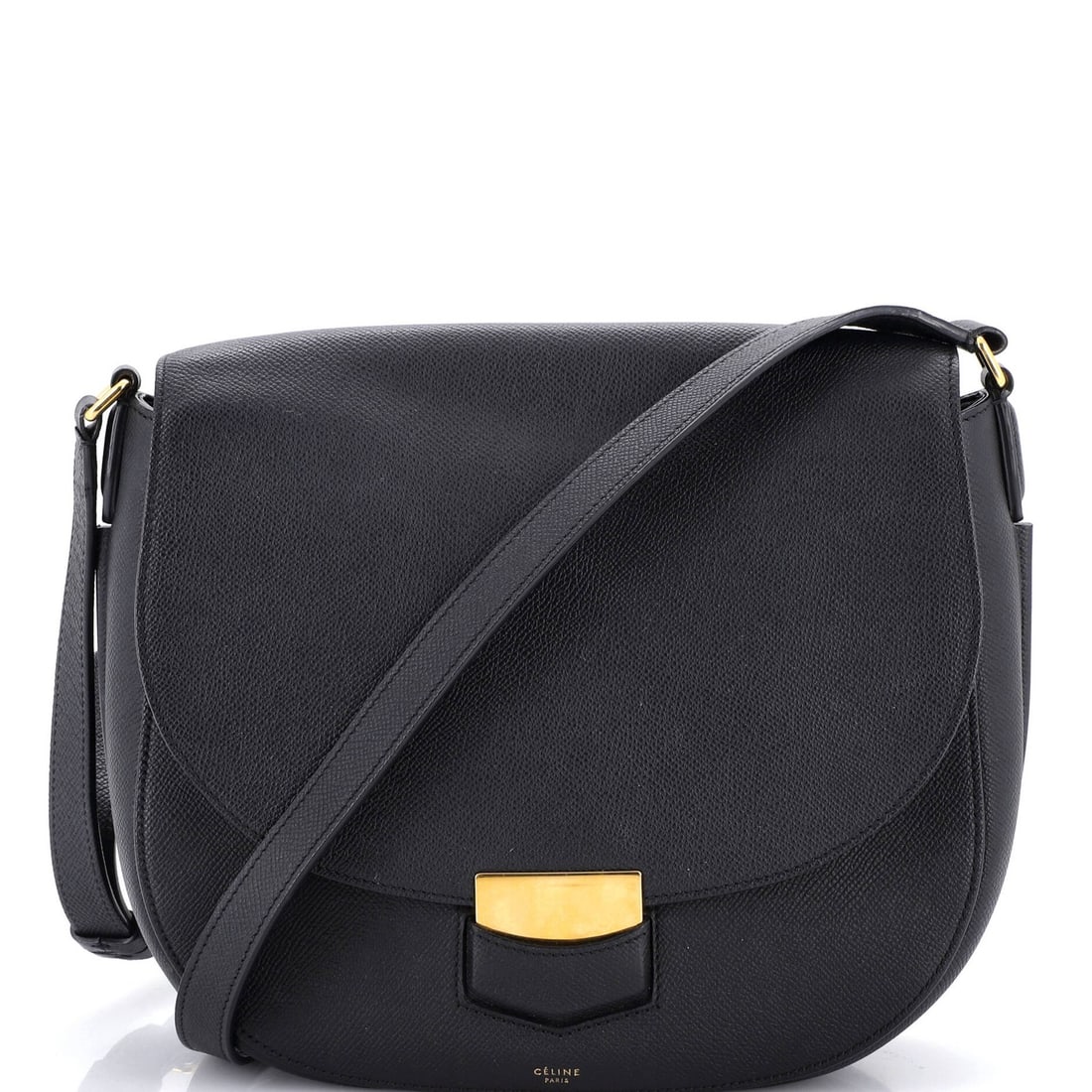 Calfskin Celine Medium Trotteur Crossbody Bag: Calfskin Celine Medium Trotteur Crossbody Bag Black Calfskin Celine Medium Trotteur Crossbody Bag with gold hardware, featuring a medium size with a 17.5-20.5" strap drop. The exterior shows minor