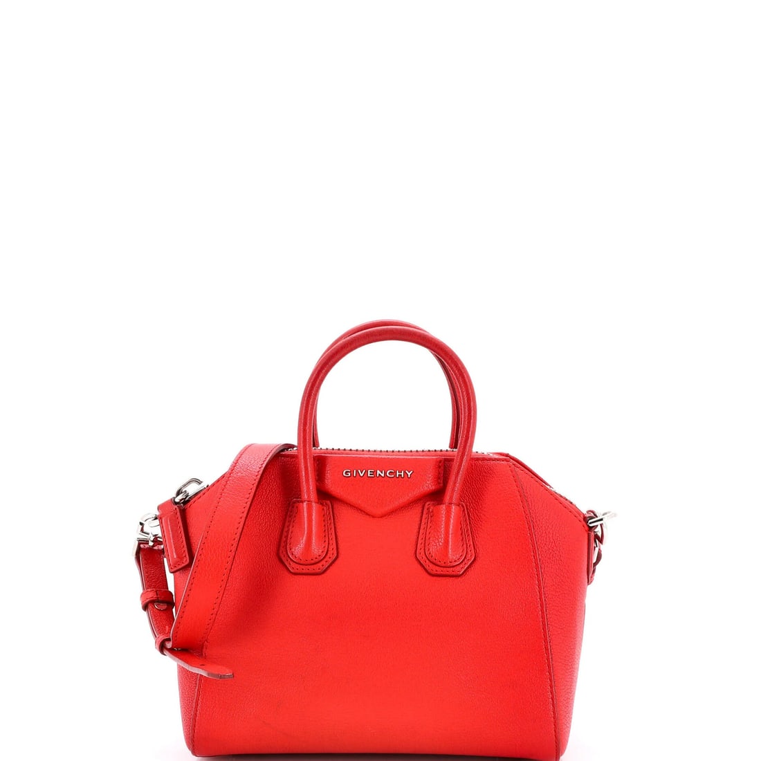Leather Mini Bag Antigona Givenchy: Leather Mini Bag Antigona Givenchy The Givenchy Antigona Leather Mini Bag boasts a striking red exterior and neutral interior, perfectly balanced by silver hardware. Measuring 7.5" tall and 9" wide,