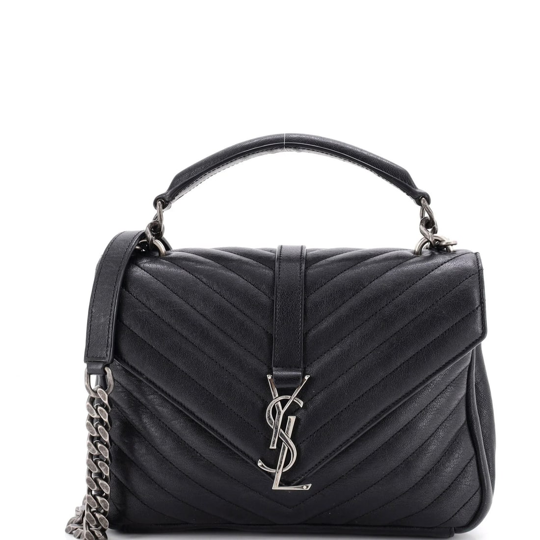 Monogram College Bag Leather Chevron Medium Matelasse Saint Laurent Classic: Monogram College Bag Leather Chevron Medium Matelasse Saint Laurent Classic This Saint Laurent Classic Monogram College Bag features a timeless design with a medium size and a sleek black leather