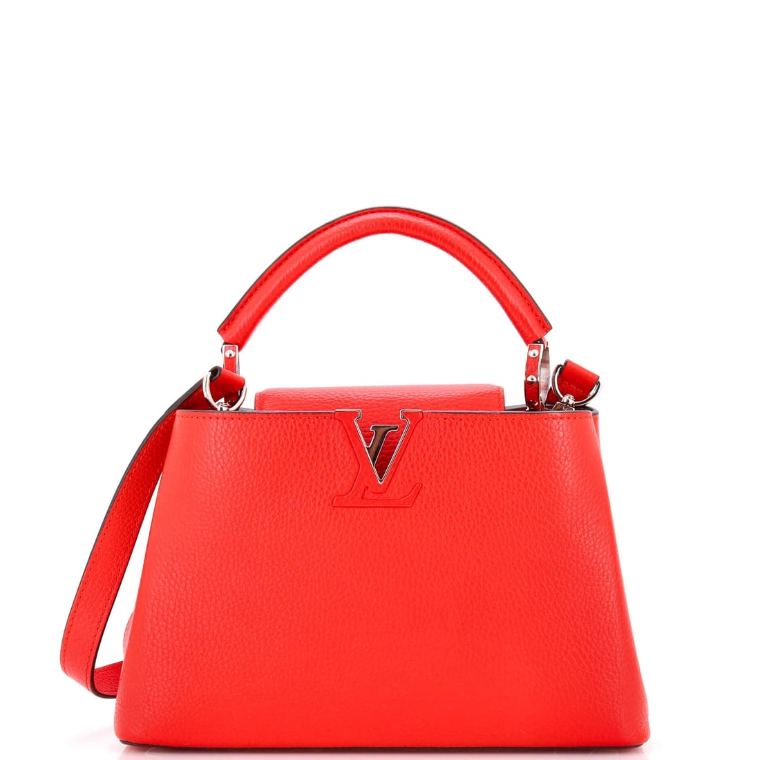 Louis Vuitton Capucines Bag Leather BB: Louis Vuitton Capucines Bag Leather BB The Louis Vuitton Capucines Bag Leather BB is a stylish and iconic top handle bag in rich red leather. With its classic design and silver hardware, this bag