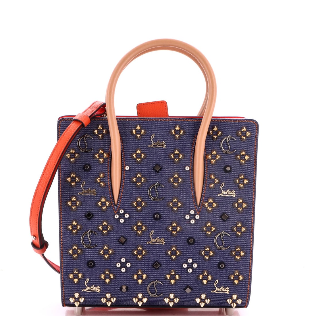 Small Embellished Paloma Tote Louboutin Denim Christian: Small Embellished Paloma Tote Louboutin Denim Christian Small Embellished Paloma Tote Louboutin Denim Christian in Excellent Condition. This stunning blue denim tote features a signature red interior