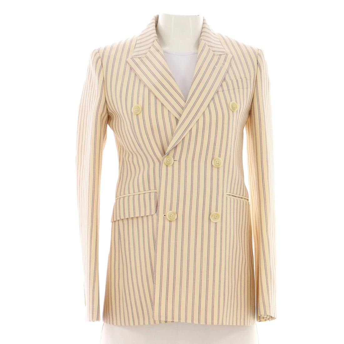 Women's Double Breasted Celine Blazer Striped Wool: Women's Double Breasted Celine Blazer Striped Wool Neutral-colored striped wool blend double-breasted blazer with a classic 23.5-inch sleeve length, available in a regular women's size 34. The blazer