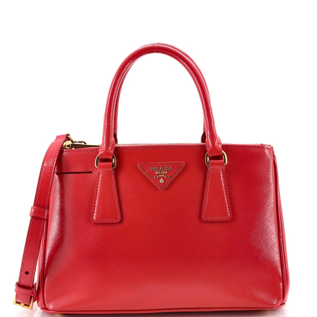 Saffiano Lux Vernice Tote Mini Double Zip Prada: Saffiano Lux Vernice Tote Mini Double Zip Prada Saffiano Lux Vernice Tote Mini Double Zip Prada in Pink, a stylish and functional mini tote with a double zip closure, features heavy cracking