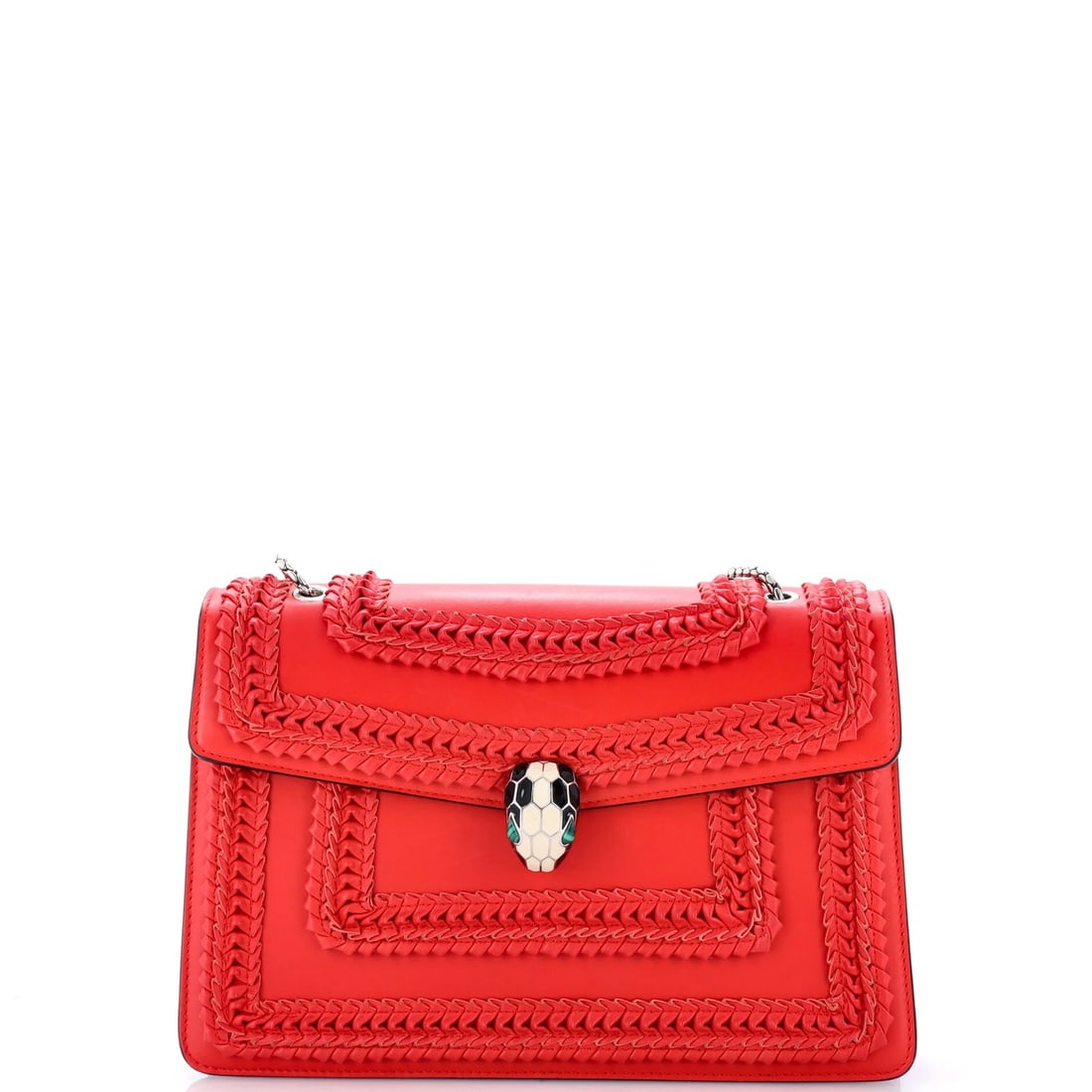 Bvlgari Serpenti Forever Square Shoulder Bag Plisse Leather Medium: Bvlgari Serpenti Forever Square Shoulder Bag Plisse Leather Medium Bvlgari Serpenti Forever Square Shoulder Bag Plisse Leather Medium features a striking red exterior with scuffs, creases, and minor