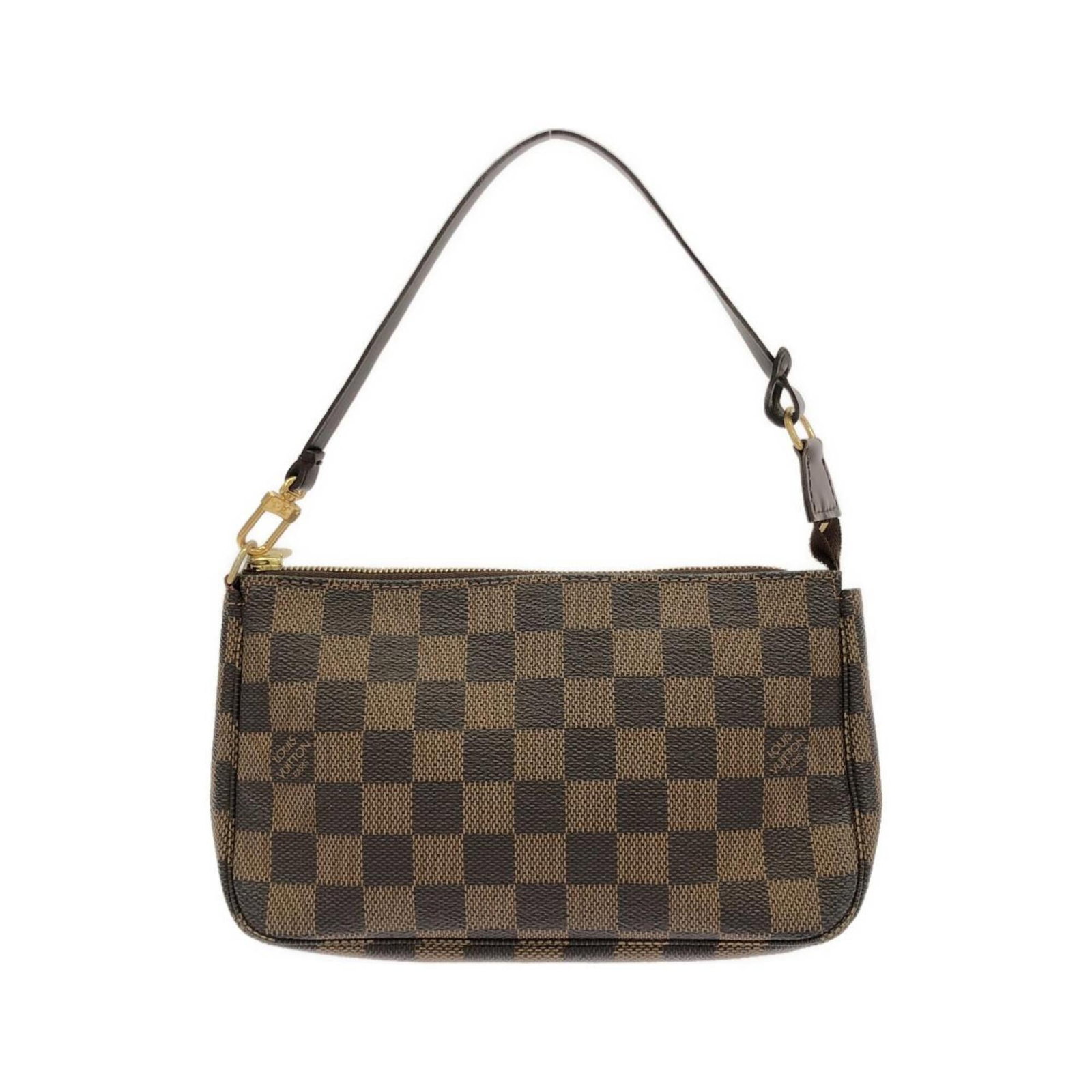 Canvas Pochette Coated Louis Vuitton: Canvas Pochette Coated Louis Vuitton Canvas Pochette Coated Louis Vuitton bears a signature. Made from coated canvas, this pochette measures 12.5cm x 23cm x 4cm. Its gold hardware and Ebene color add