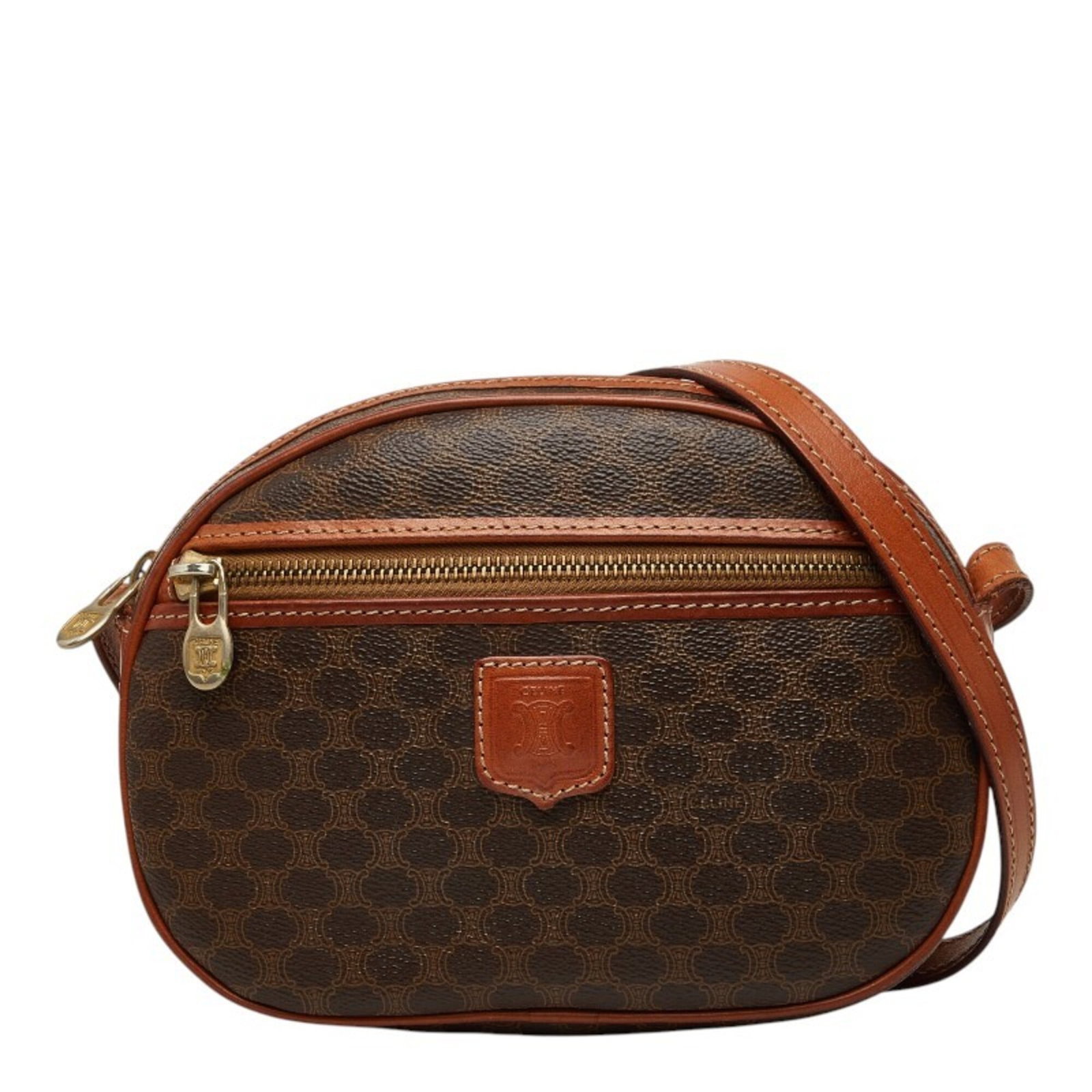 Pvc Leather Celine Shoulder Bag: Pvc Leather Celine Shoulder Bag This Celine shoulder bag features a unique combination of PVC and leather materials, with a brown color that adds a touch of sophistication. The bag's compact size and