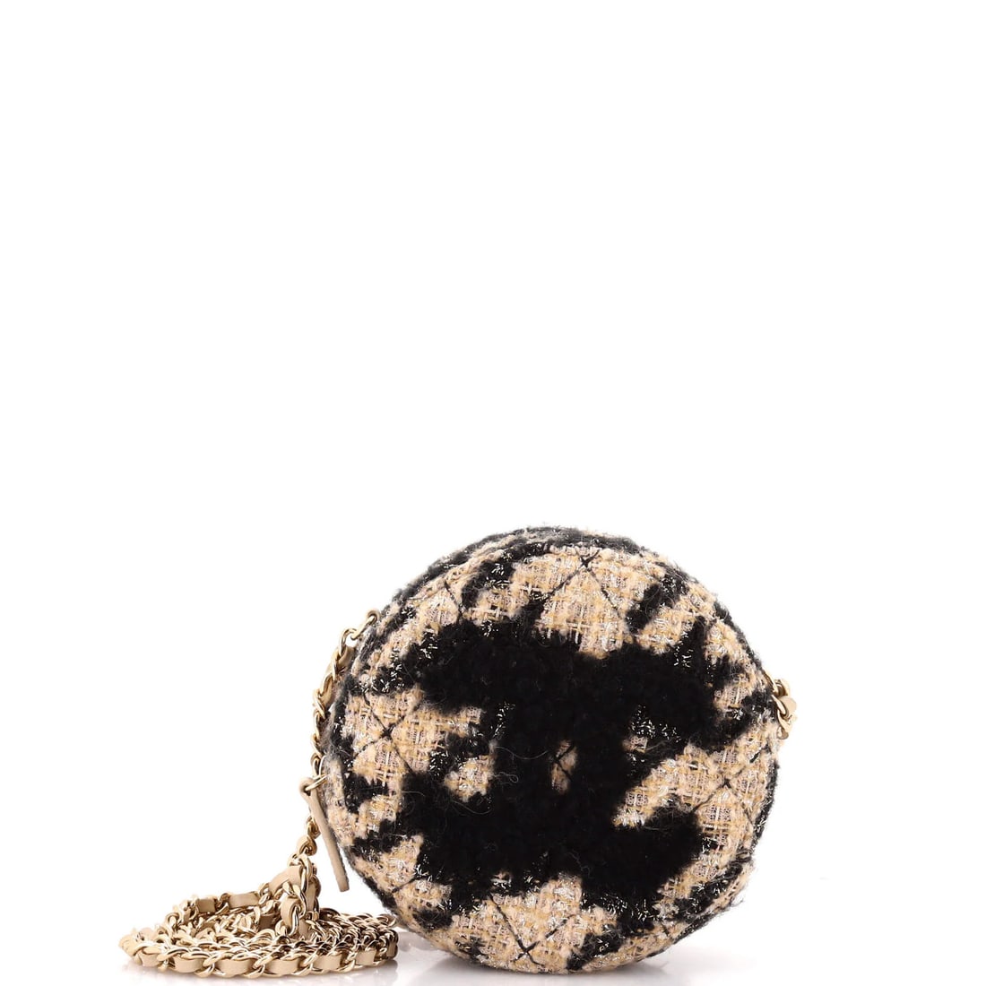 Round Clutch with Chain Coin Purse Quilted Tweed Shearling: Round Clutch with Chain Coin Purse Quilted Tweed Shearling Shearling and tweed blend in this elegant round clutch with chain coin purse, featuring a quilted design. The neutral exterior color and gold