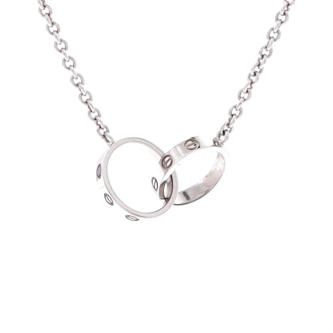 Love Interlocking Cartier Necklace 18K White Gold: Love Interlocking Cartier Necklace 18K White Gold The Love Interlocking Cartier Necklace 18K White Gold is a stunning 18K white gold necklace featuring an interlocking design. Measuring 17.25 inches i