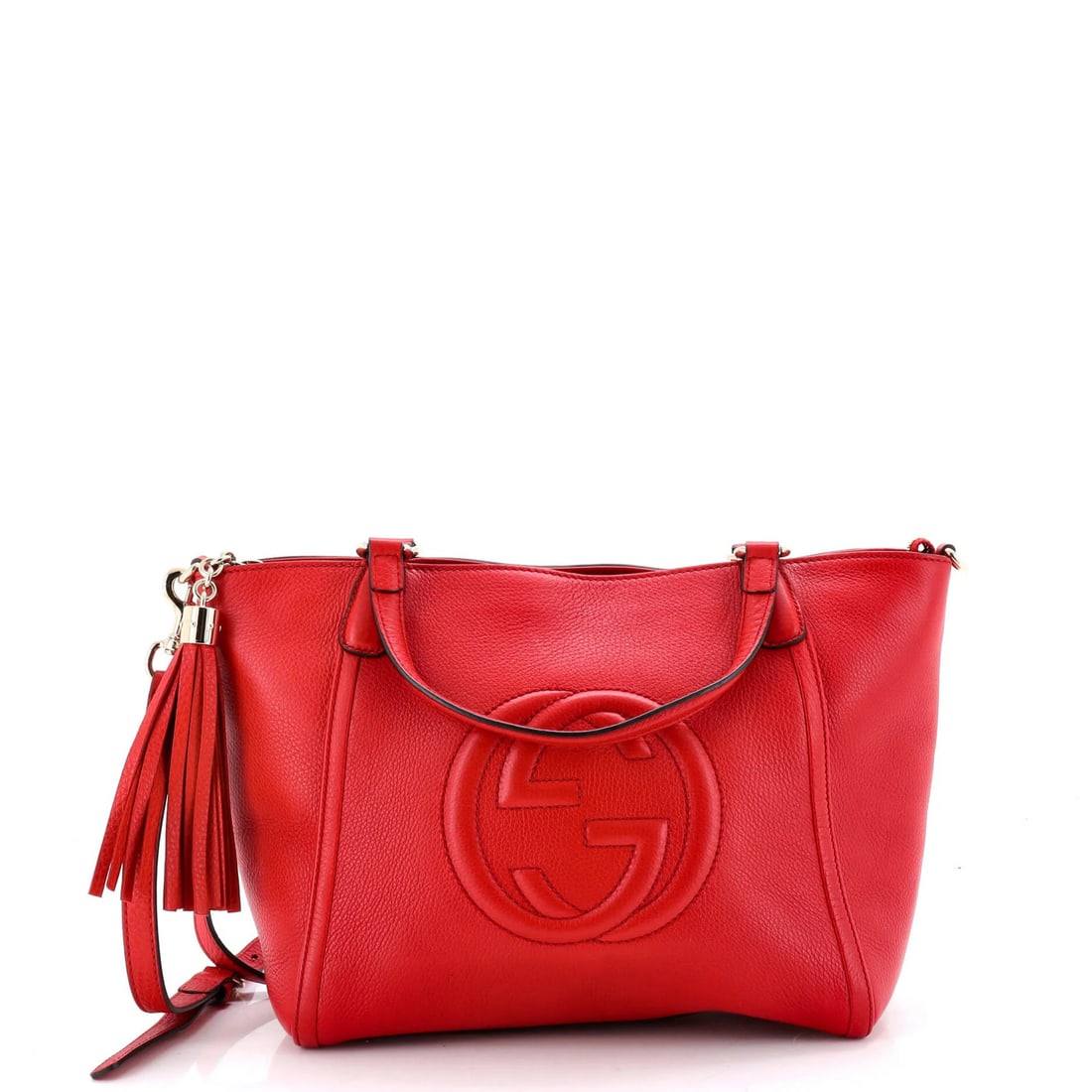 Small leather handle top bag convertible Gucci Soho: Small leather handle top bag convertible Gucci Soho Red leather small top handle bag with convertible design, featuring a gold tone Gucci Soho logo. The bag has a classic design with a 4.5" handle dro