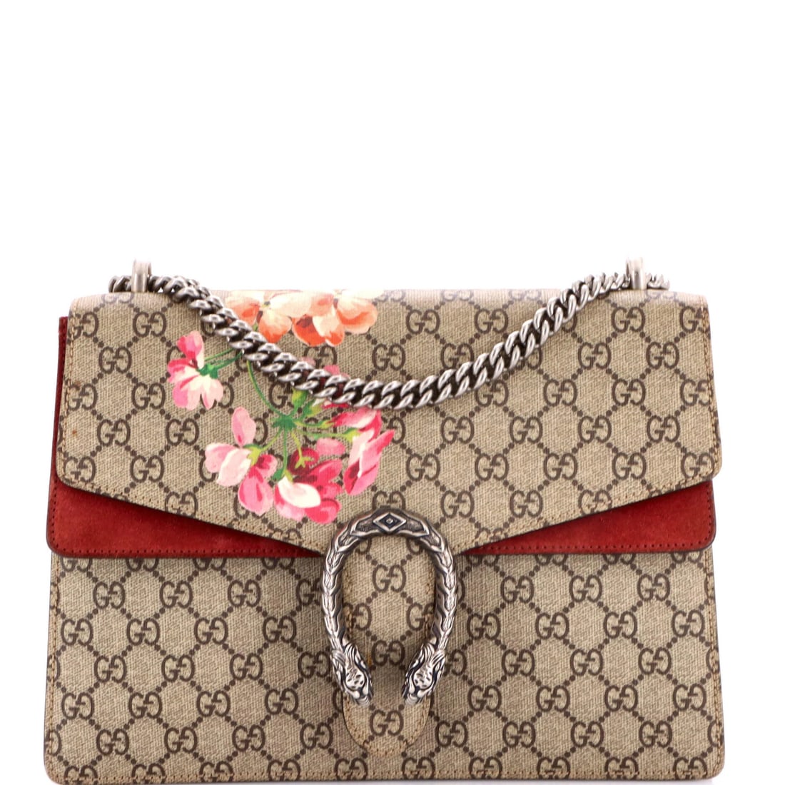 Gucci Dionysus Bag Blooms Print GG Coated Canvas Medium: Gucci Dionysus Bag Blooms Print GG Coated Canvas Medium Brown Gucci Dionysus Bag Blooms Print GG Coated Canvas Medium features a unique Blooms Print GG Coated canvas exterior in brown, with a suede in