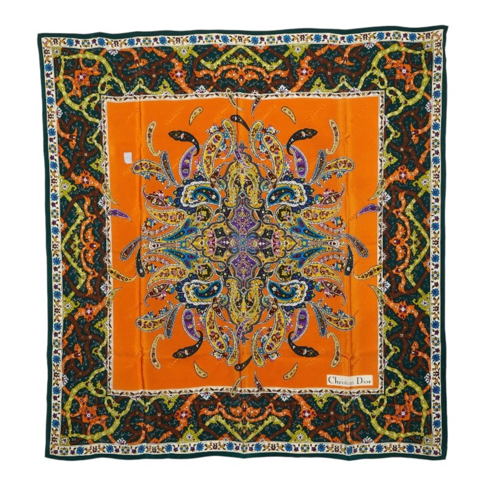 Silk Scarf by Christian Dior: Silk Scarf by Christian Dior Silk Scarf by Christian Dior, featuring a vibrant green and multi-color design with orange accents, measures 77cm x 76.5cm in size. This scarf is made from high-quality si