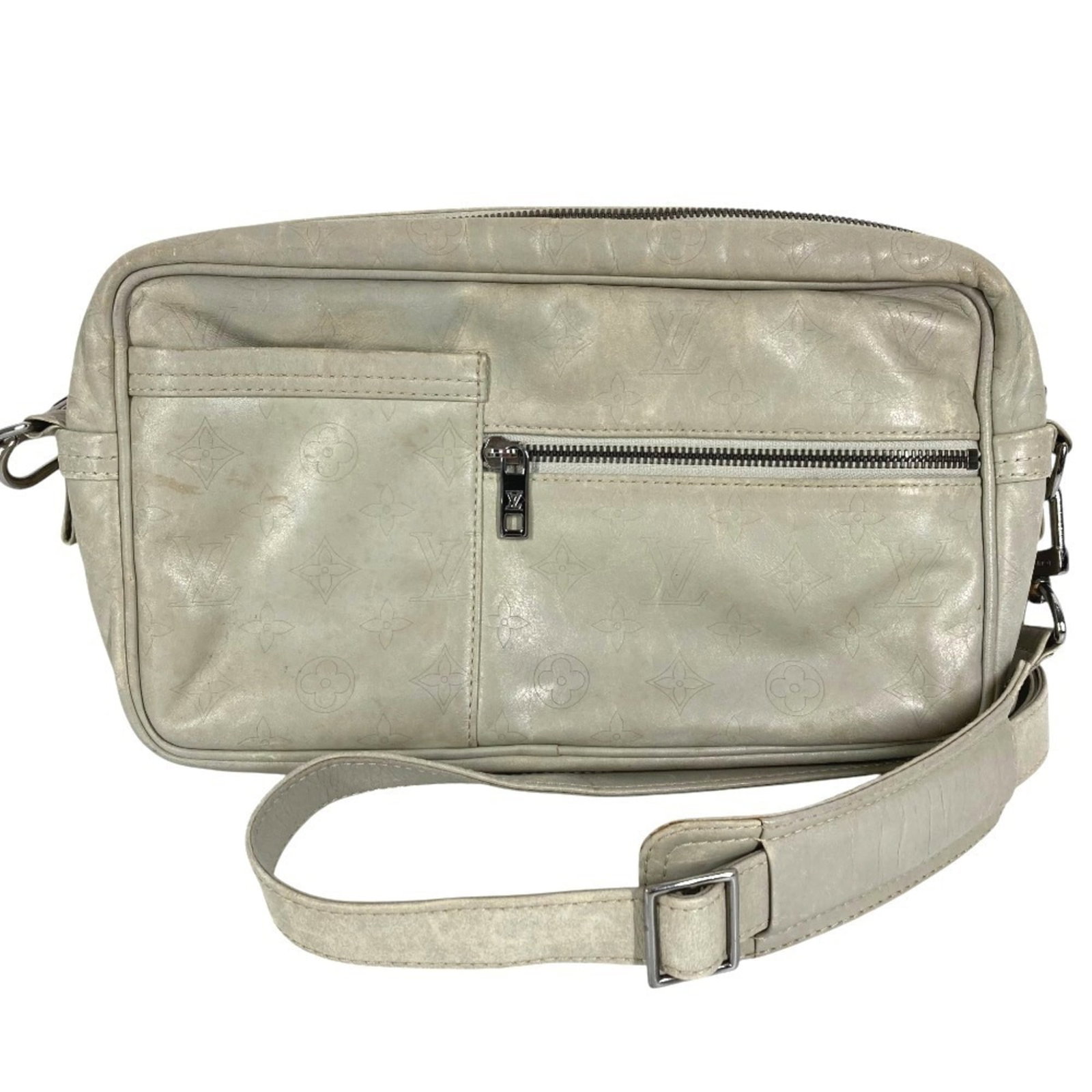Leather Vuitton Bag Pochette Shoulder Louis: Leather Vuitton Bag Pochette Shoulder Louis Light gray leather Pochette Shoulder bag from Louis Vuitton, with dimensions 15.5cm x 28.5cm x 6cm. This stylish shoulder bag features high-quality leather