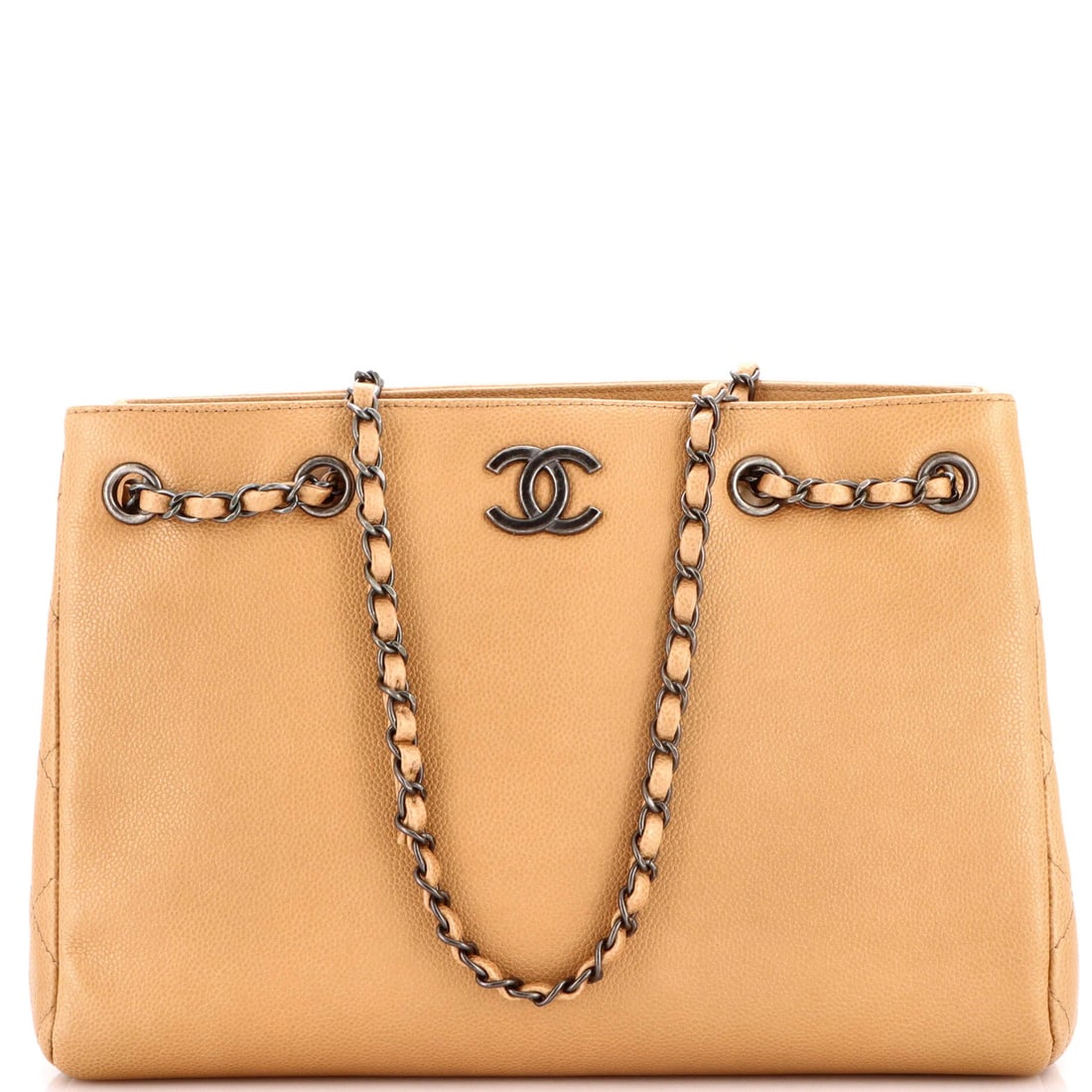 Chain Tote Shopping Medium Caviar Woven Chanel: Chain Tote Shopping Medium Caviar Woven Chanel Chain Tote Shopping Medium Caviar Woven ChanelThis Chanel Woven Chain Shopping Tote in neutral exterior color features a medium size, 13" width, and 5" d