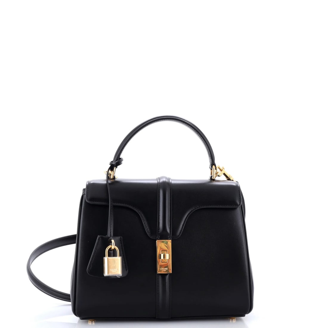Calfskin Handle Top Bag Small Celine 16: Calfskin Handle Top Bag Small Celine 16 Small Calfskin Handle Top Bag in Black from Celine, featuring a smooth exterior with minor scuffs and a gold lock clochette. Measuring 7" tall, 9" wide, and 4"