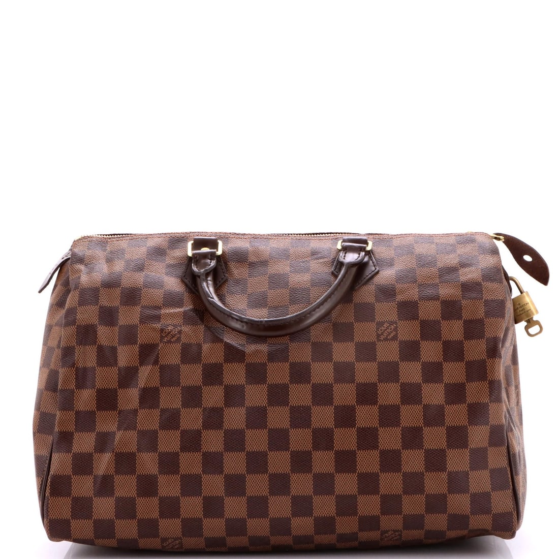 Vuitton Damier Handbag Speedy Louis 35: Vuitton Damier Handbag Speedy Louis 35 Brown Louis Vuitton Damier 35 Speedy Handbag with Gold Hardware, featuring a canvas-coated exterior and red interior, measures 9" tall and 14" wide, with a 3"