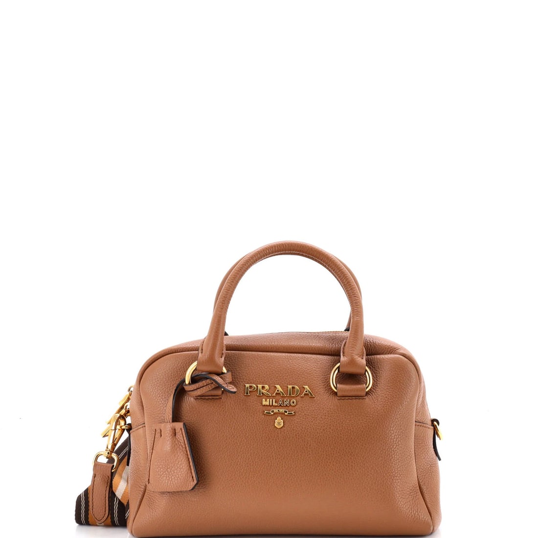 Prada Striped Strap Convertible Bauletto Bag Vitello Phenix Small: Prada Striped Strap Convertible Bauletto Bag Vitello Phenix Small Strapless elegance meets versatility in this Prada Striped Strap Convertible Bauletto Bag Vitello Phenix Small. With its signature