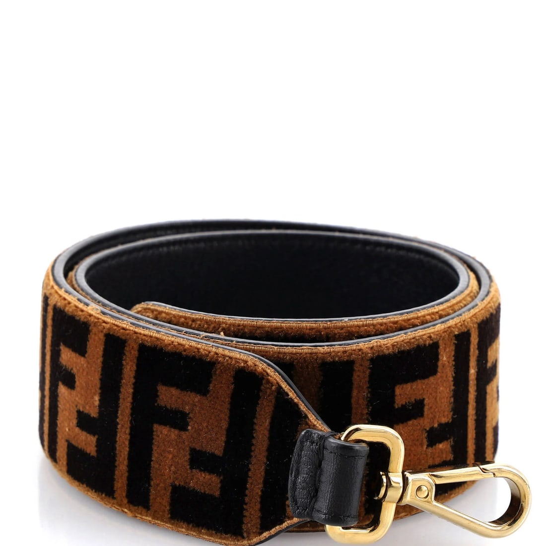 Fendi Zucca You Velvet Strap: Fendi Zucca You Velvet Strap The Fendi Zucca You Velvet Strap is a luxurious accessory featuring a rich brown velvet exterior and a sleek leather interior, adorned with gold hardware. Measuring 35"