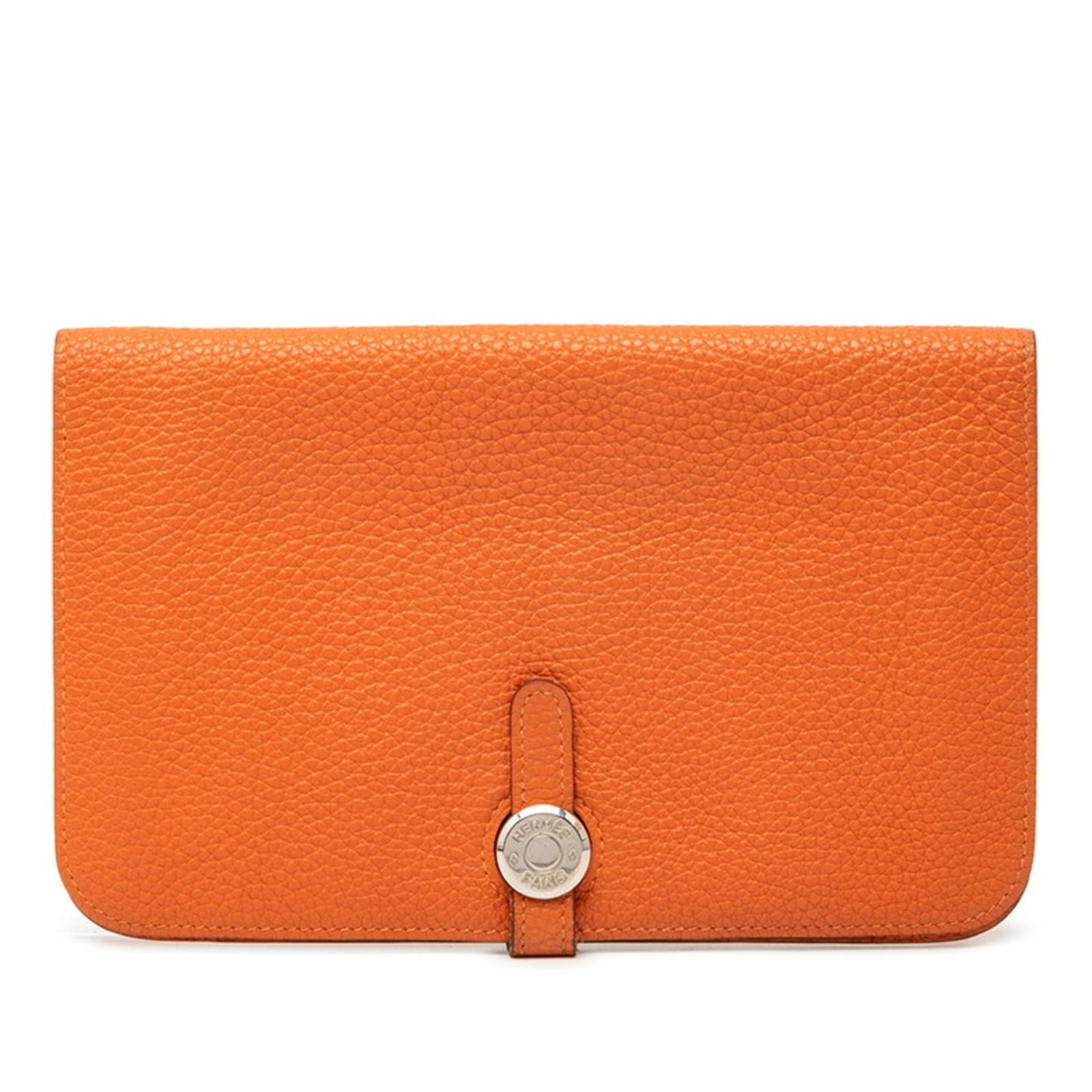 Hermes Long Wallet (Bi-Fold) Togo Leather: Hermes Long Wallet (Bi-Fold) Togo Leather Togo leather craftsmanship shines in this bi-fold long wallet from Hermes, boasting a vibrant orange hue and sleek design. Measuring 12cm x 20cm x 1cm, this