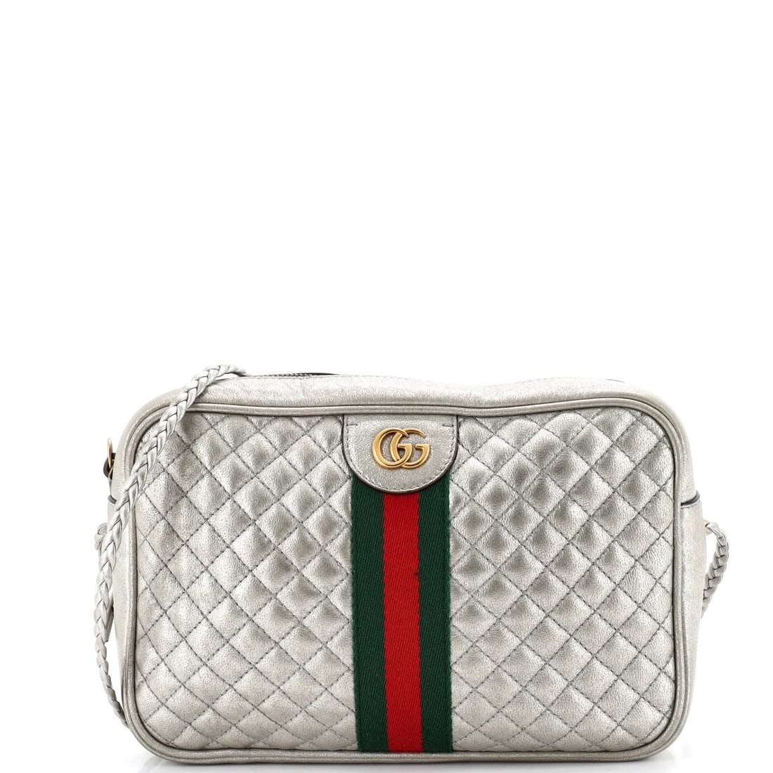 Small Quilted Leather Camera Bag Gucci: Small Quilted Leather Camera Bag Gucci Small Quilted Leather Camera Bag Gucci features a silver exterior with scuffs, creases, and edge wear, and a quilted leather design. The interior is made of