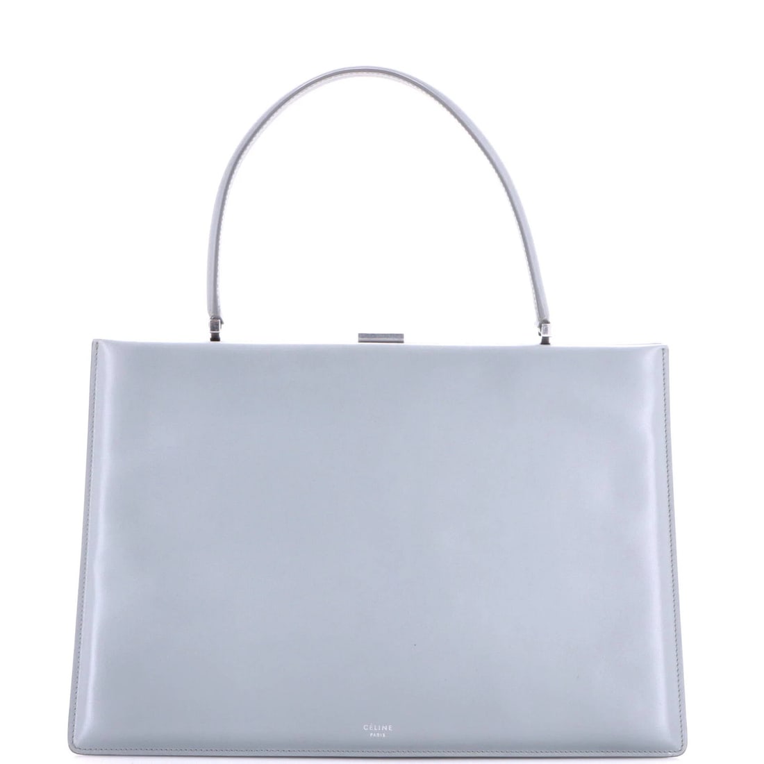 Clasp Top Bag Medium Leather Celine: Clasp Top Bag Medium Leather Celine Medium Leather Celine Clasp Top Bag in Gray. This medium-sized leather bag features a clasp top handle and measures 9" tall, 13" wide, and 3" deep. With its