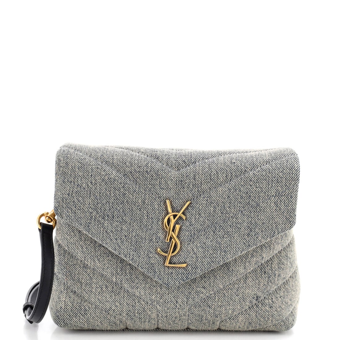Matelasse Chevron Denim Toy Loulou Shoulder Bag Saint Laurent: Matelasse Chevron Denim Toy Loulou Shoulder Bag Saint Laurent Scuffed and worn, this Matelasse Chevron Denim Loulou Shoulder Bag from Saint Laurent boasts a unique, distressed look. The toy-sized bag
