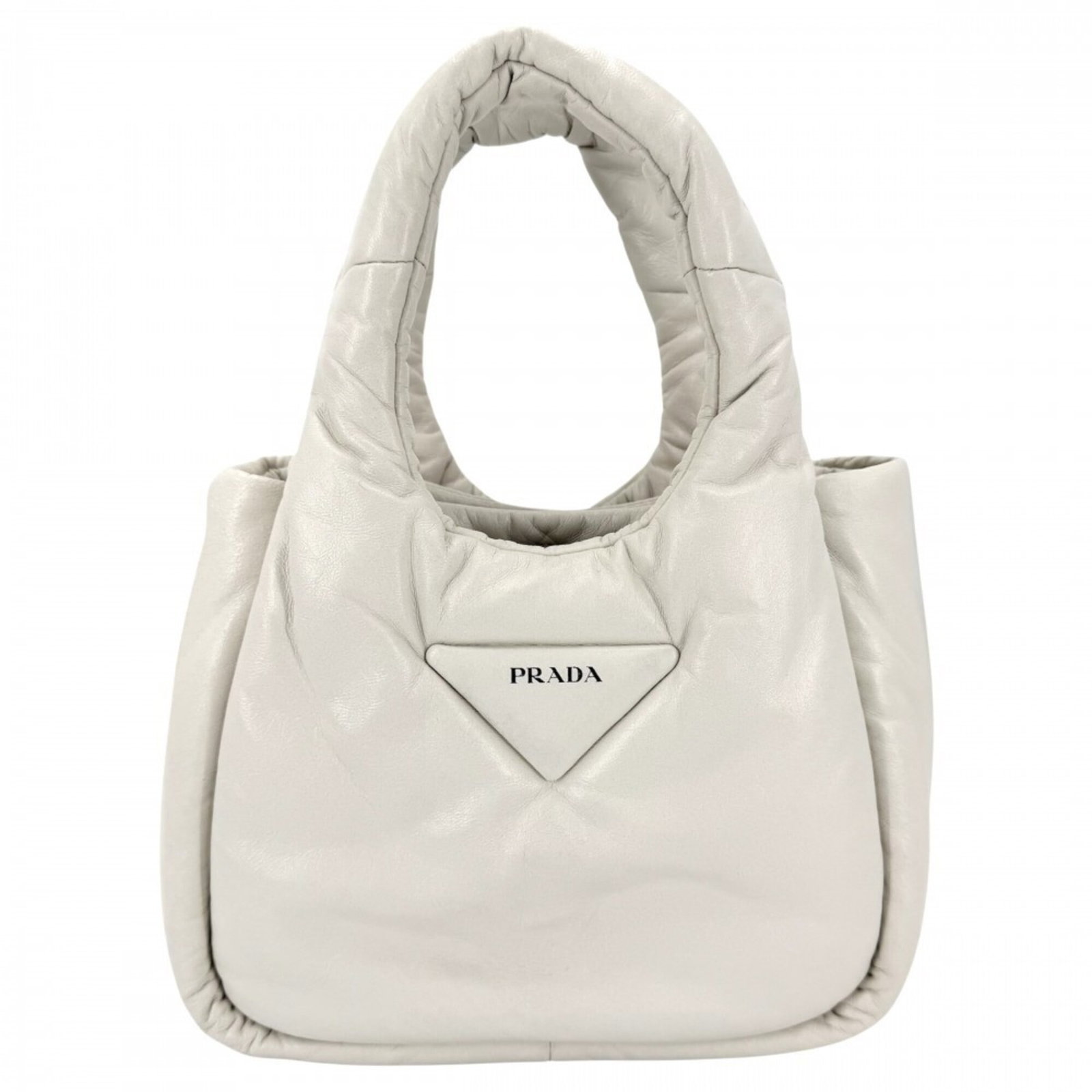 Handbag Leather Prada: Handbag Leather Prada White leather Prada handbag with an open inner pocket, measuring 16cm x 20cm x 7.5cm, features a 25cm long handle. The bag's sleek design and minimalist aesthetic make it a styli