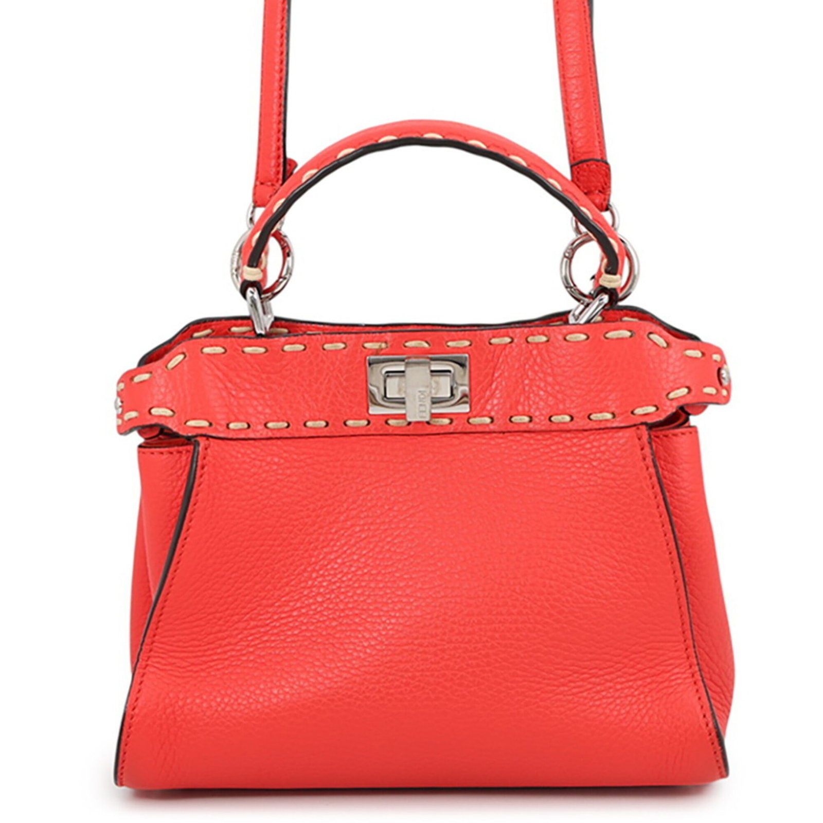Shoulder Bag Leather Fendi Handbag: Shoulder Bag Leather Fendi Handbag The Fendi Peekaboo Country shoulder bag is a stylish and sleek leather handbag with a vibrant orange color and silver hardware. Measuring 18.5cm x 23.5cm x 10cm,