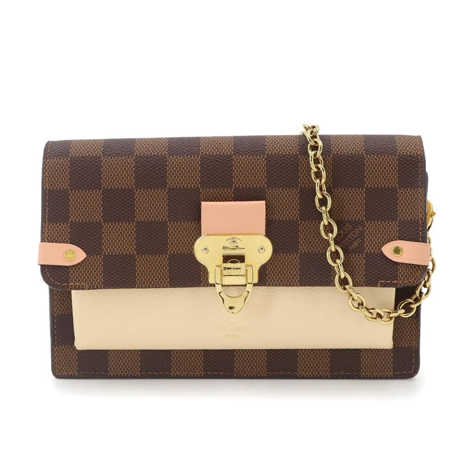 Louis Vuitton Chain/ Shoulder Wallet Damier Canvas Leather: Louis Vuitton Chain/ Shoulder Wallet Damier Canvas Leather Chain/Shoulder wallet in Damier Canvas leather with Ebene, Ivory, and Pink colors, featuring a 1.16m chain strap and a weight of 365g. This