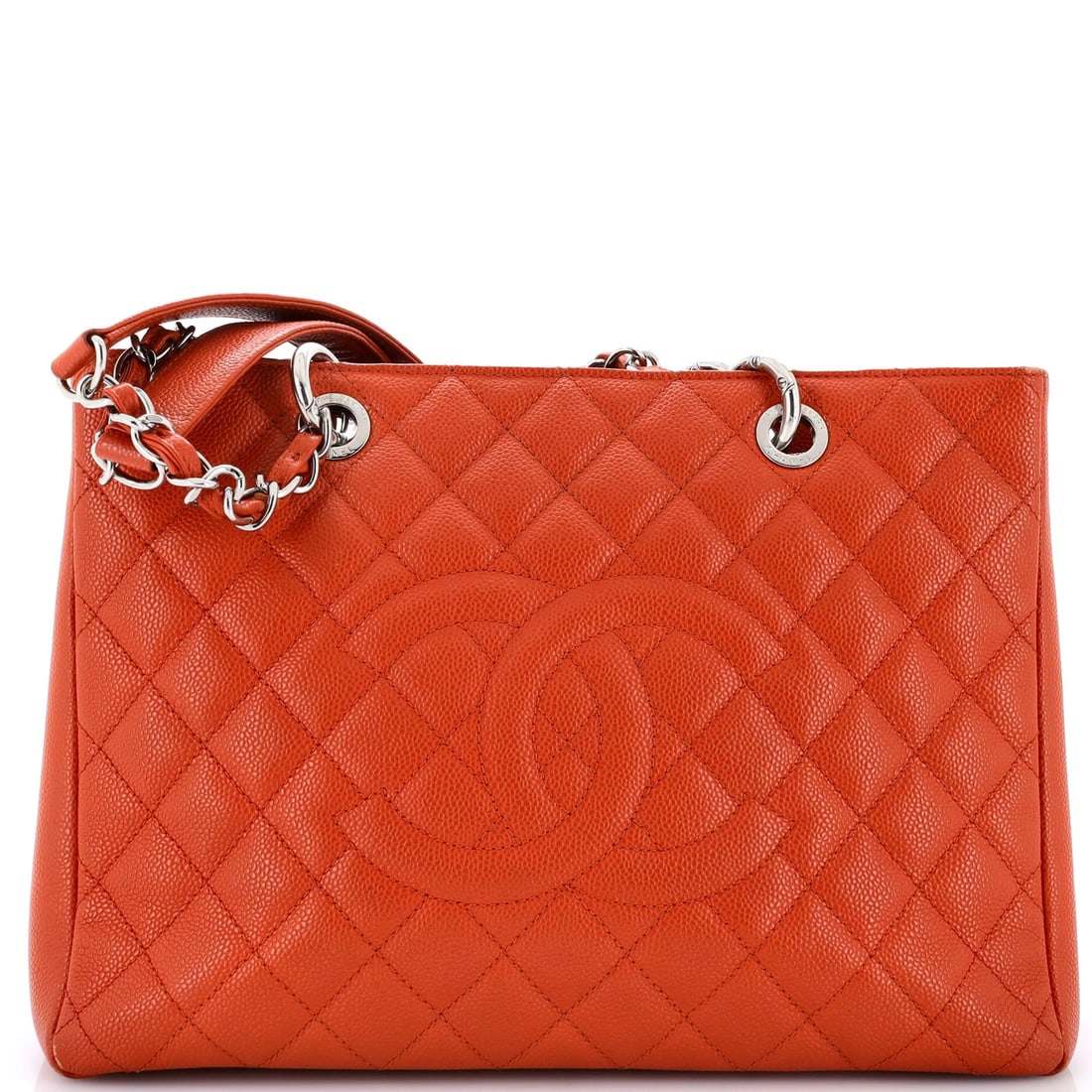 Caviar Quilted Shopping Tote Chanel: Caviar Quilted Shopping Tote Chanel This vibrant orange Chanel Grand Shopping Tote Quilted Caviar features a quilted leather exterior with heavy corner wear and edge wear, giving it a unique, worn-in