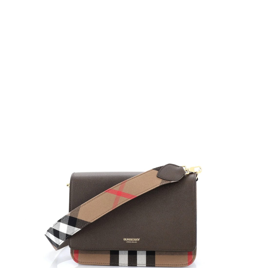 Mackford Shoulder Small Leather Bag Canvas House Burberry Check: Mackford Shoulder Small Leather Bag Canvas House Burberry Check Small Brown Leather Bag with Gold Hardware, Featuring Burberry's Classic House Check Canvas Design. This compact shoulder bag boasts a