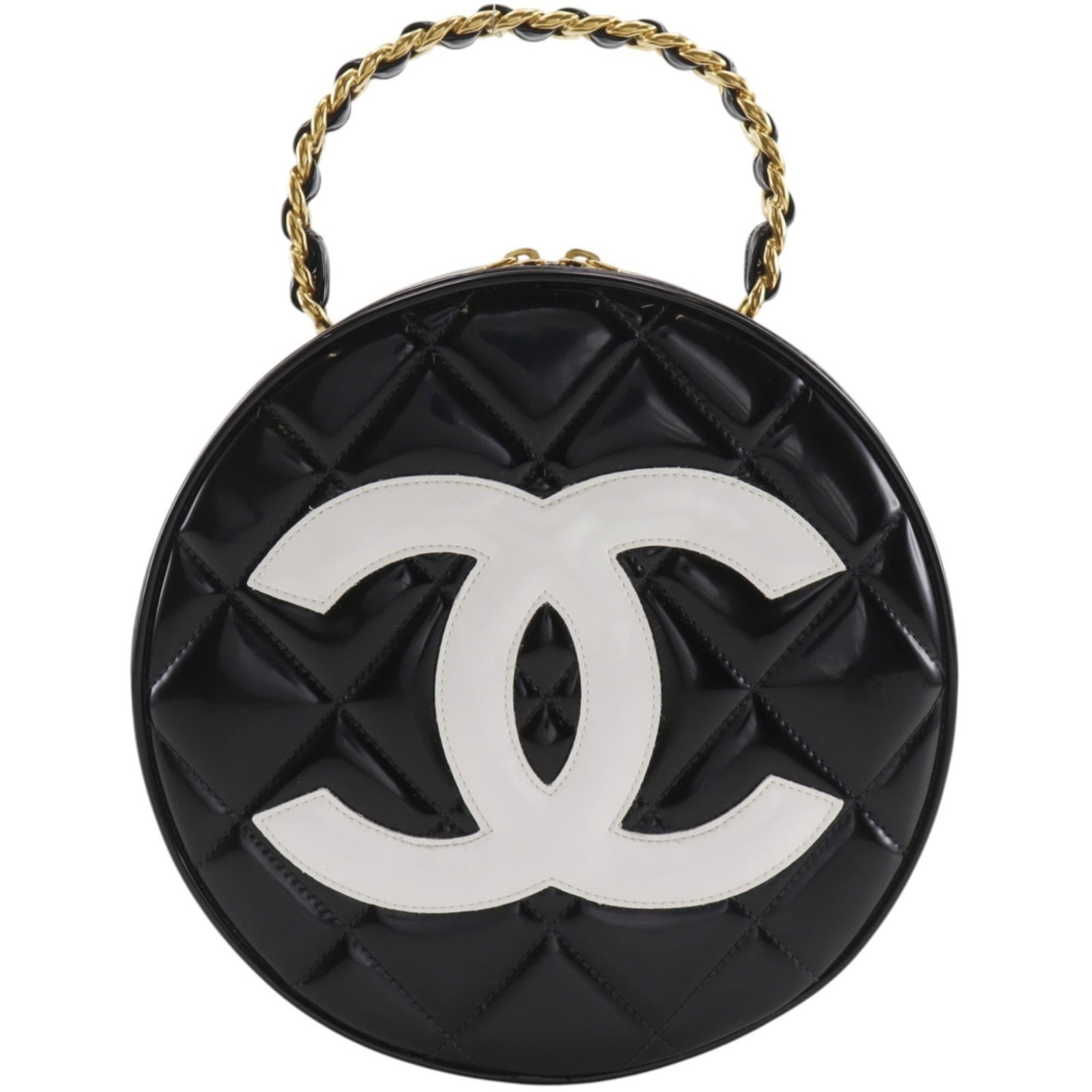 Patent Leather Handbag Chanel: Patent Leather Handbag Chanel Patent leather gives this Chanel handbag a sleek, sophisticated look. Made from high-quality patent leather, the bag's 21cm x 21cm x 7cm dimensions make it a compact and
