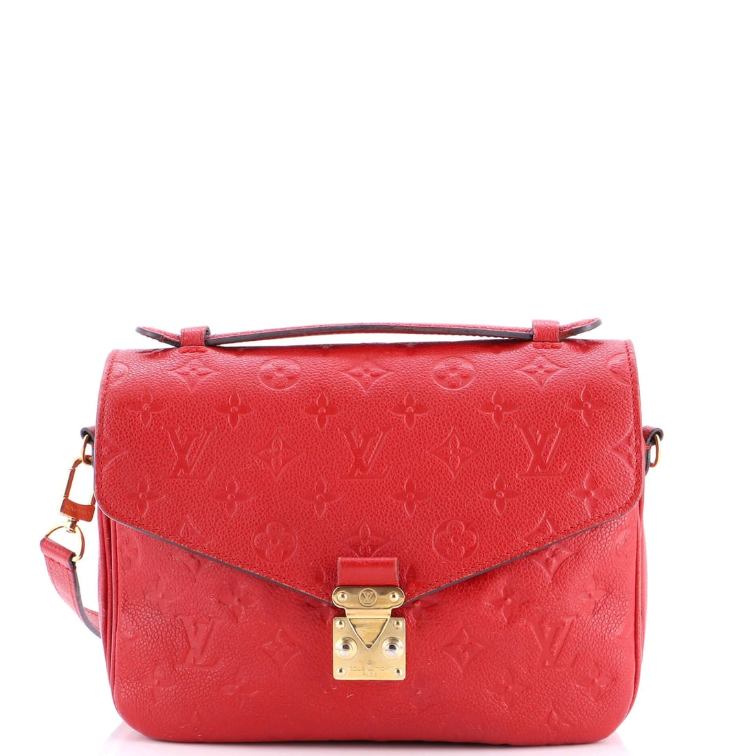 Empreinte Leather Pochette Monogram Vuitton Louis: Empreinte Leather Pochette Monogram Vuitton Louis The Empreinte Leather Pochette Monogram Vuitton Louis is a unique, red cross body bag with heavy edge wear, scuffs, and creases. This Fair-condition