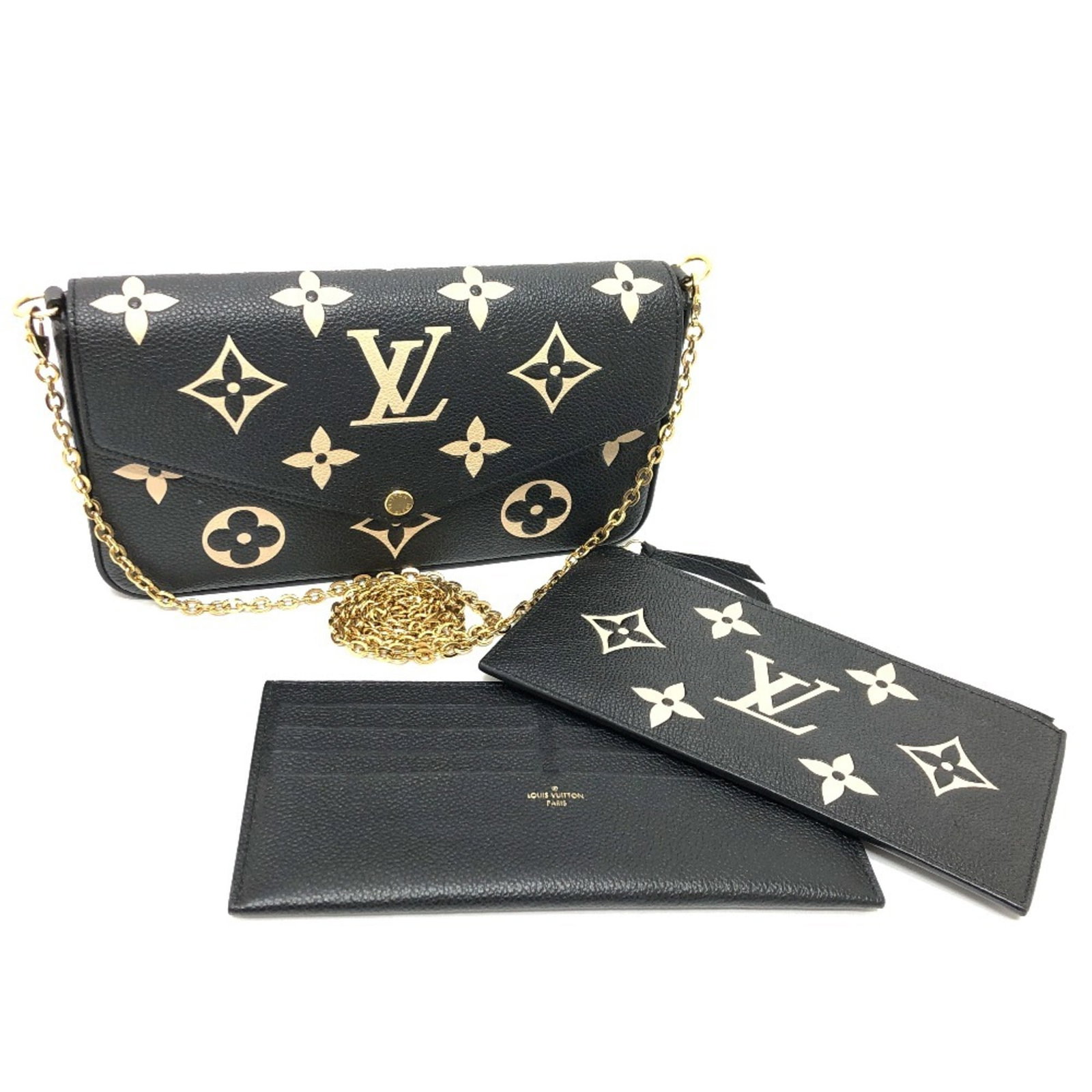 Vuitton Monogram Empreinte Chain Wallet Shoulder: Vuitton Monogram Empreinte Chain Wallet Shoulder Chain/Shoulder wallet with Monogram Empreinte design, featuring a sleek black finish and open snap fastener closure. The wallet measures 11cm x 21.5cm