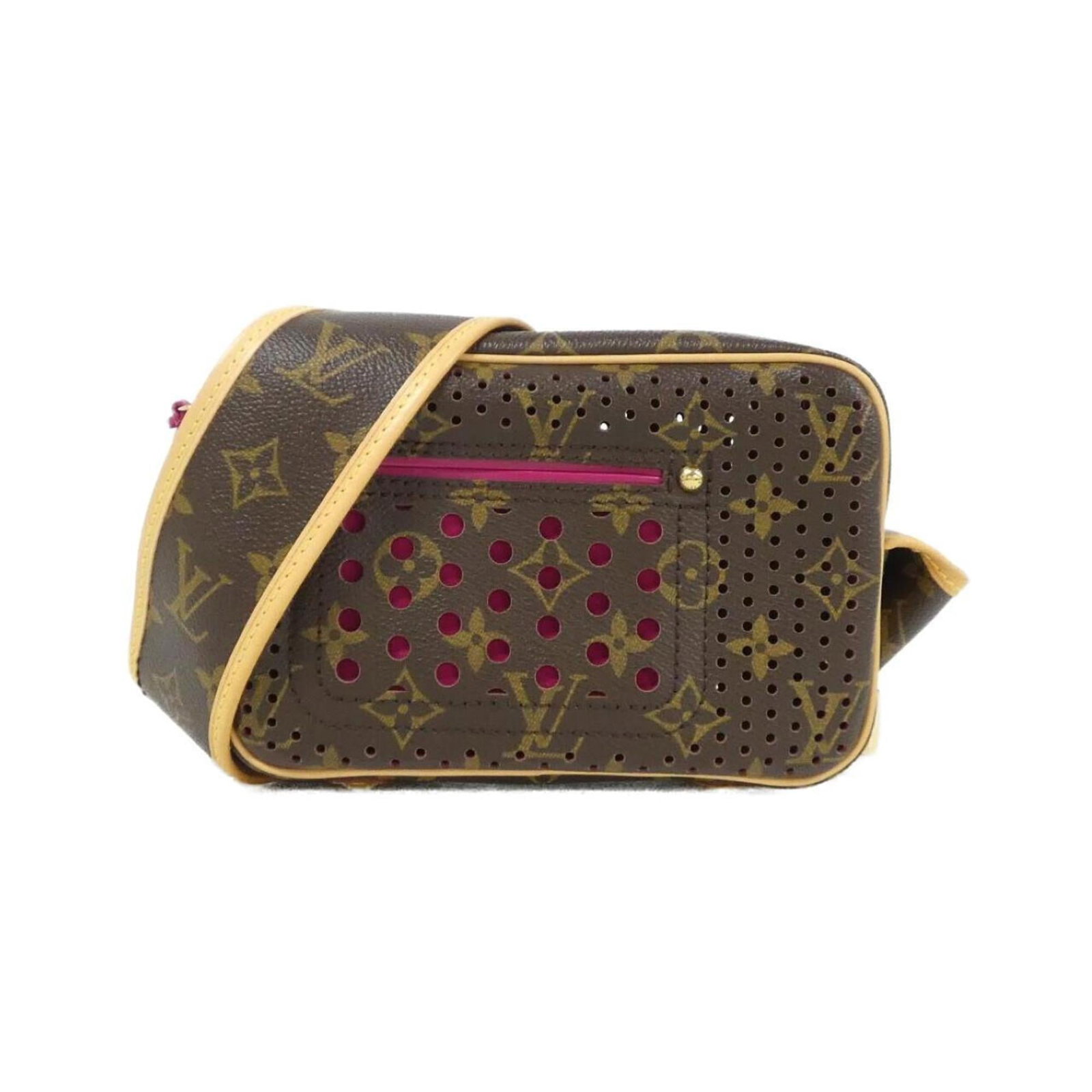 Canvas Coated Louis Vuitton Bag Shoulder: Canvas Coated Louis Vuitton Bag Shoulder Fuchsia and Marron colors add a pop of style to this Coated canvas Louis Vuitton shoulder bag, featuring gold hardware for a touch of luxury. The bag's