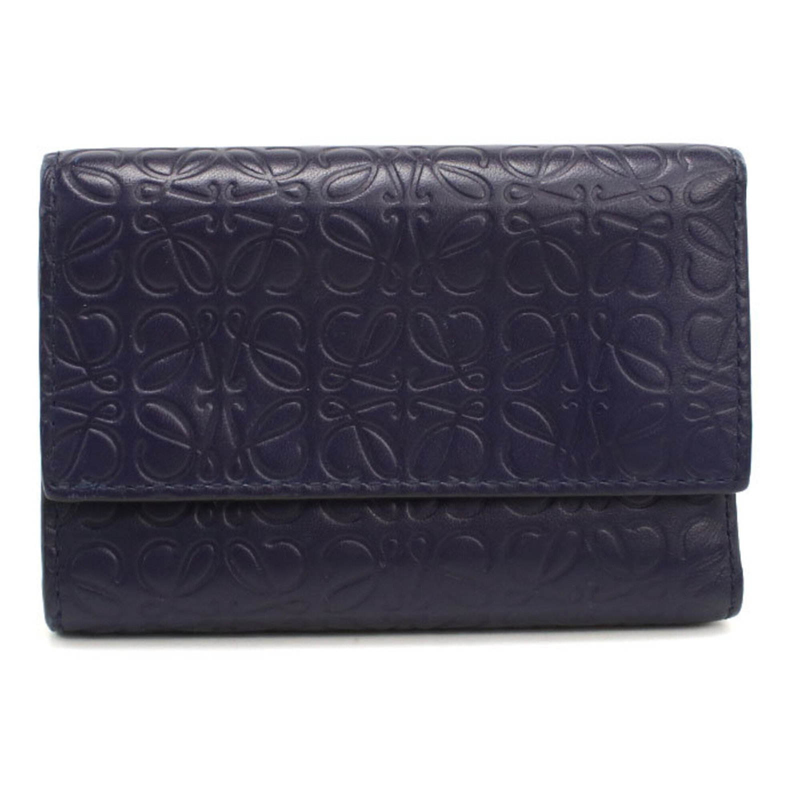 Loewe Wallet (Tri-Fold) Leather: Loewe Wallet (Tri-Fold) Leather Tri-fold leather wallet from renowned Spanish brand Loewe, crafted from high-quality calfskin leather in a classic navy color. Measuring 8cm x 12cm x 2cm, this elegant