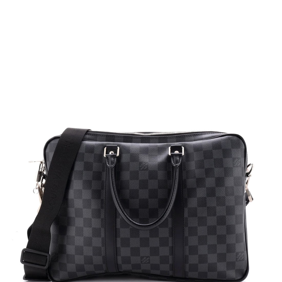 Voyage Briefcase Damier Graphite PM Louis Vuitton Porte: Voyage Briefcase Damier Graphite PM Louis Vuitton Porte Canvas Coated Damier Graphite PM Voyage Briefcase in Black, featuring a classic design with heavy edge wear and scuffs, measuring 10.5" tall