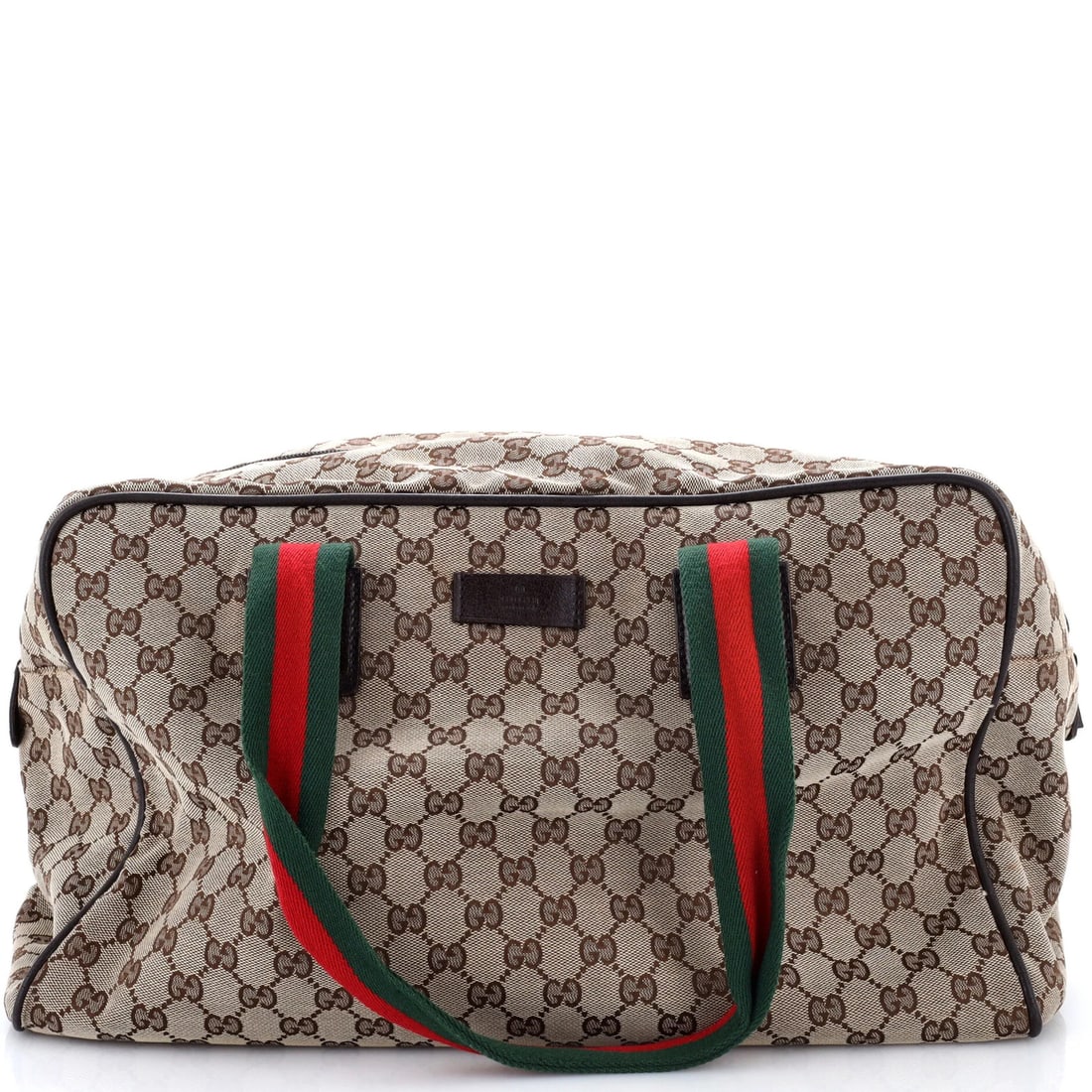 Strap Side Carry Web Duffle Large Canvas Bag Gucci: Strap Side Carry Web Duffle Large Canvas Bag Gucci Brown canvas Gucci Web Strap Side Snap Carry On Duffle Bag with scuffs, edge wear, corner wear, minor creases, and minor discoloration on the