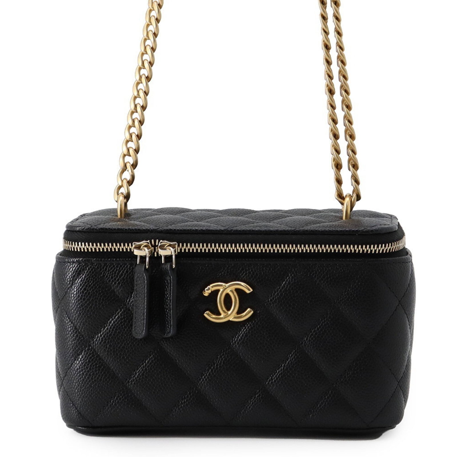 Vanity Grained Calfskin Shoulder Bag: Vanity Grained Calfskin Shoulder Bag Grained Calfskin Shoulder Bag in Black. This vanity bag features a sleek design with a 9.5cm x 16cm x 8cm size, making it a stylish and compact accessory. Crafted