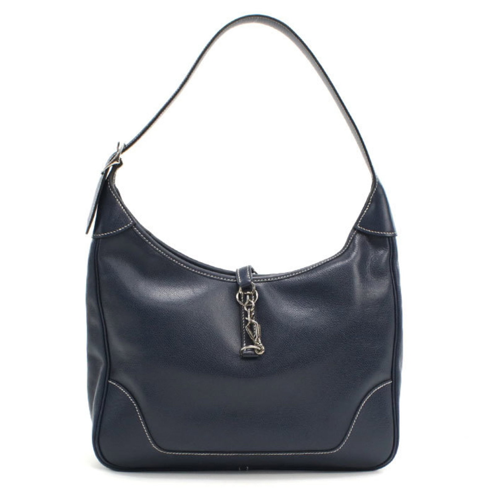 Shoulder Bag By Hermes: Shoulder Bag By Hermes Navy shoulder bag by Hermes, featuring silver hardware and a classic design, measures 22cm x 31cm x 7cm. This stylish bag is made in France and boasts a timeless silhouette. Its