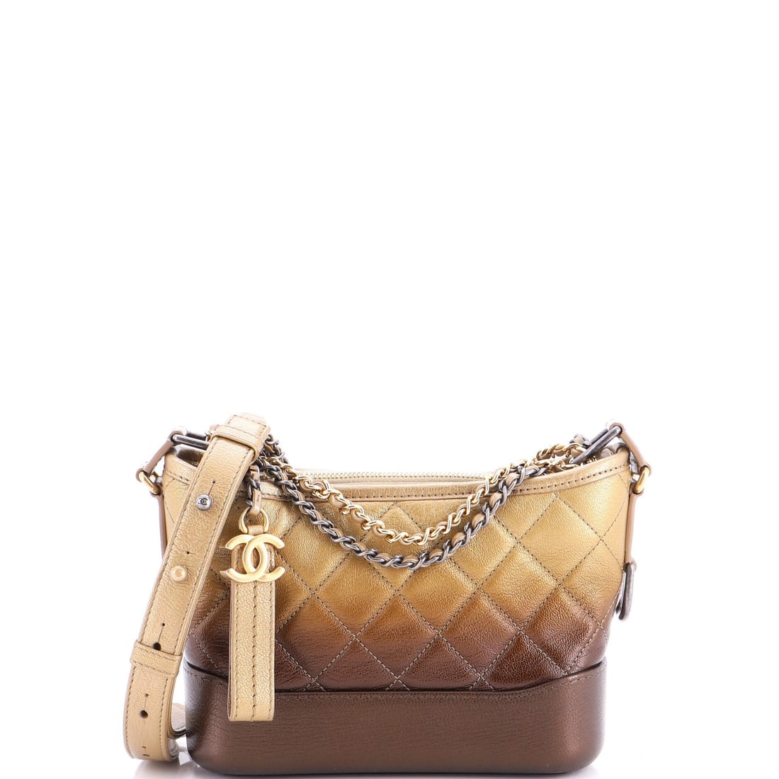 Goatskin quilted ombre hobo by Gabrielle Chanel: Goatskin quilted ombre hobo by Gabrielle Chanel Small Gold Quilted Ombre Hobo by Gabrielle Chanel, featuring goatskin exterior and quilted design, with minor scuffs and creases on the exterior and