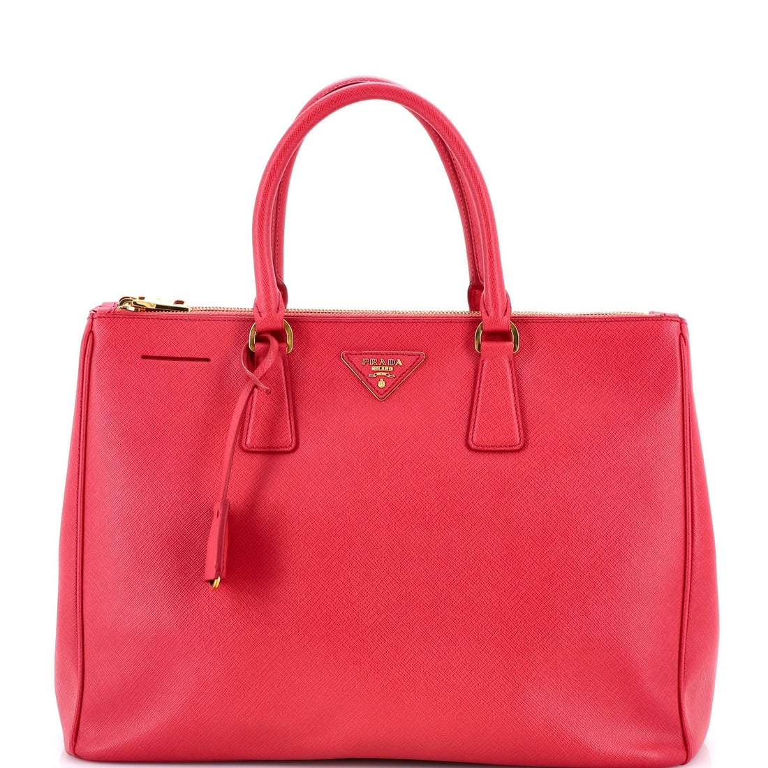 Saffiano Leather Double Tote Lux Prada Large: Saffiano Leather Double Tote Lux Prada Large Saffiano Leather Double Tote Lux Prada Large for sale. This Prada Double Zip Lux Tote features Saffiano Leather in a striking pink exterior color. With a
